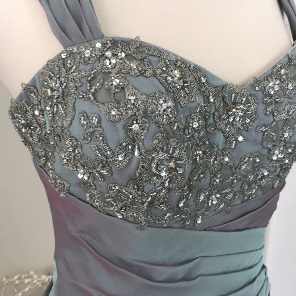 Val Stefani Beaded Sweetheart Prom Gown in Steel Blue - Picture 4 of 6